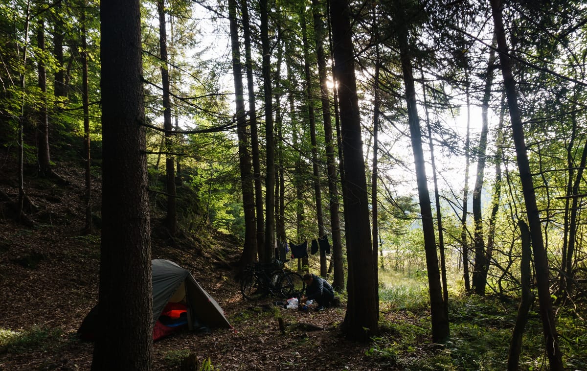 View of a campsite in the forest with a tent standing behind a tree, a clothesline with bike clothes spun between two trees and a person cooking on a stove